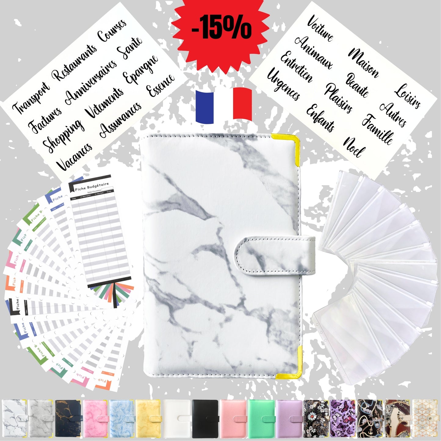 Pack Standard classeur budget a6 marbre blanc en Français avec enveloppes budget