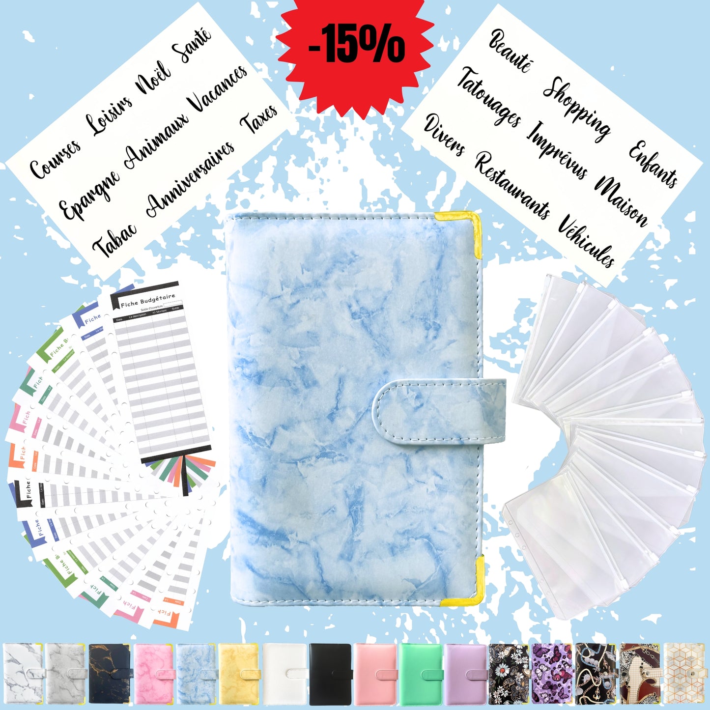 Pack Standard classeur budget a6 marbre bleu en Français avec enveloppes budget