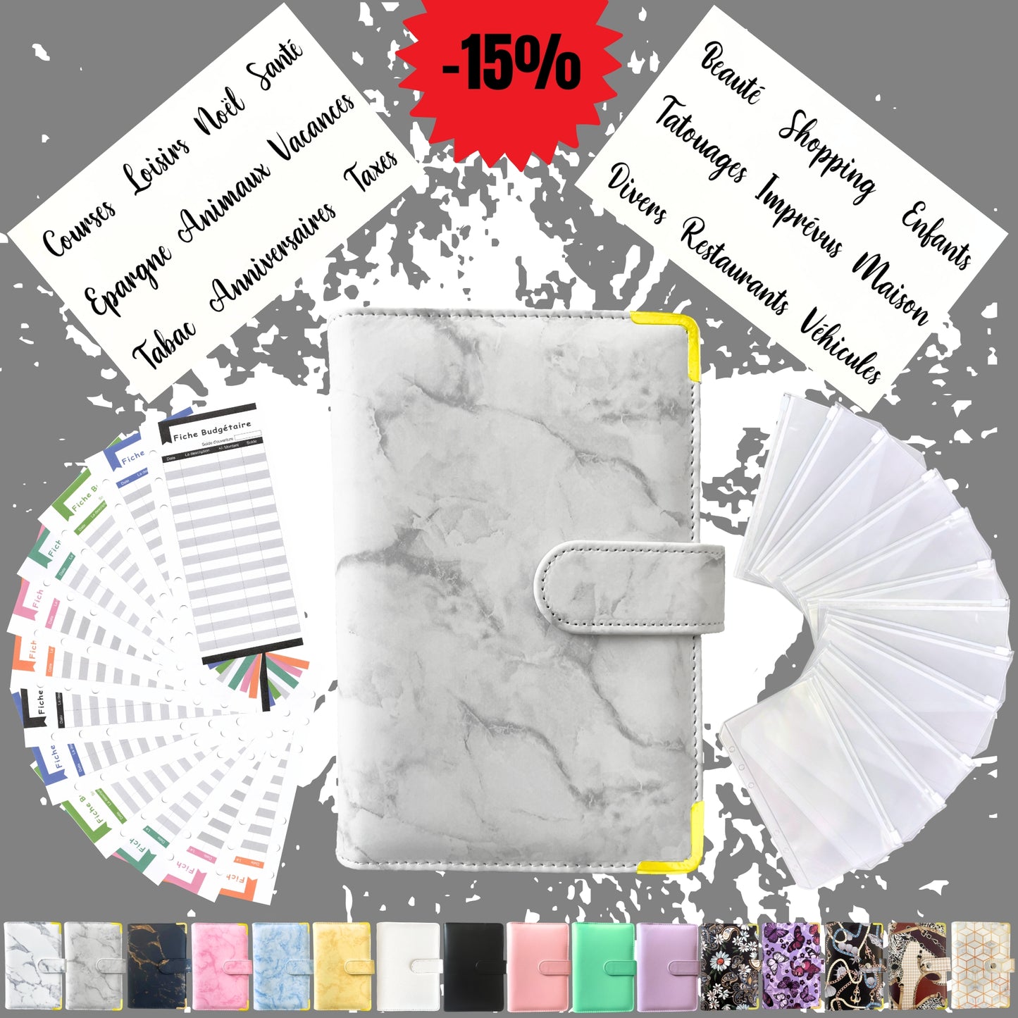 Pack Standard classeur budget a6 marbre gris en Français avec enveloppes budget