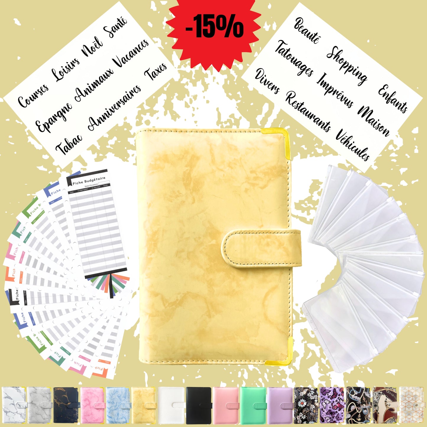 Pack Standard classeur budget a6 marbre jaune en Français avec enveloppes budget