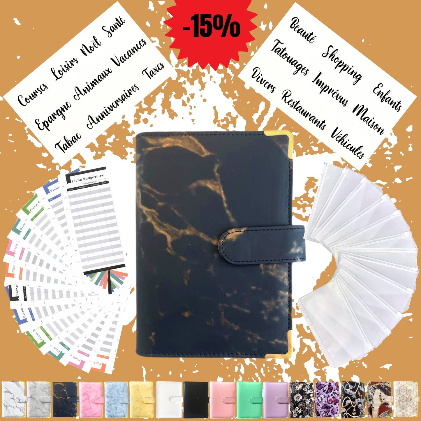 Pack Standard classeur budget a6 marbre noir en Francais avec enveloppes budget