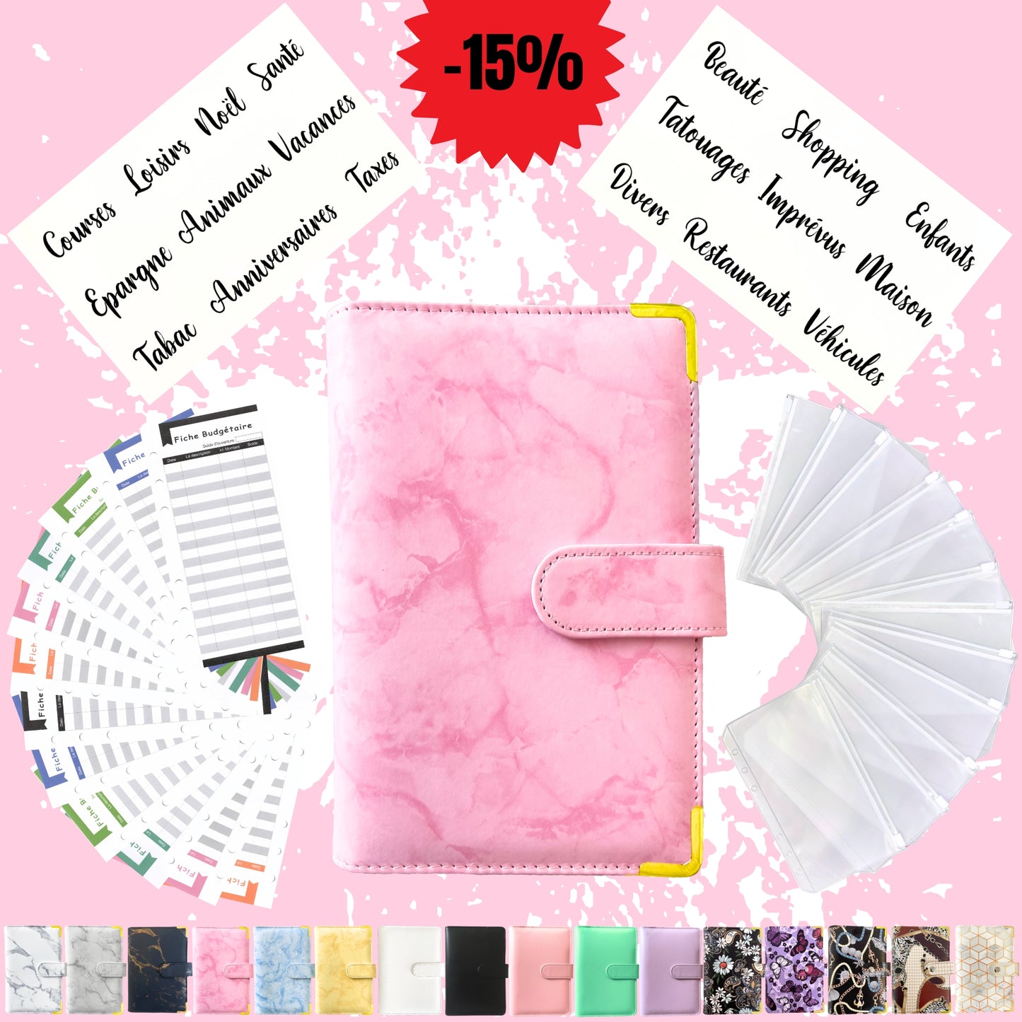 Pack Standard classeur budget a6 marbre rose en Francais avec enveloppes budget