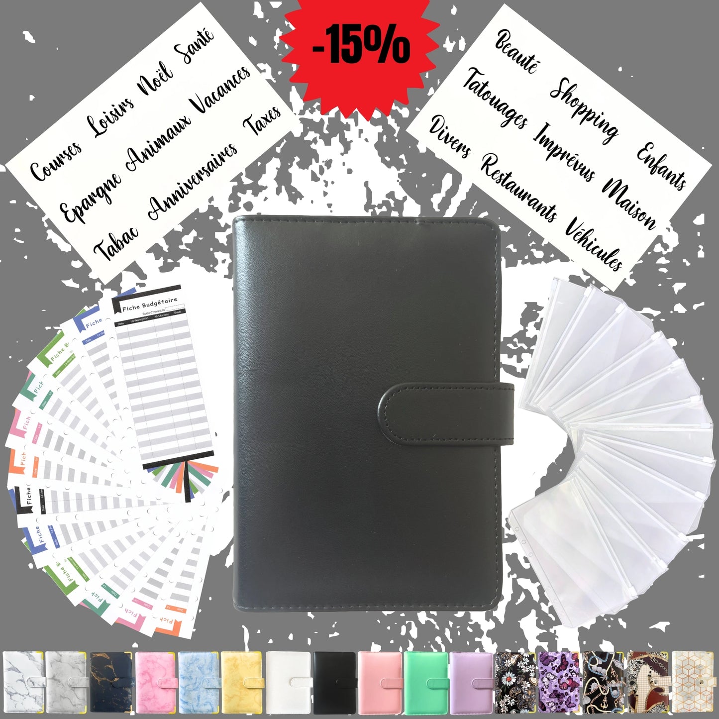 Pack Standard classeur budget a6 uni noir en Francais avec enveloppes budget