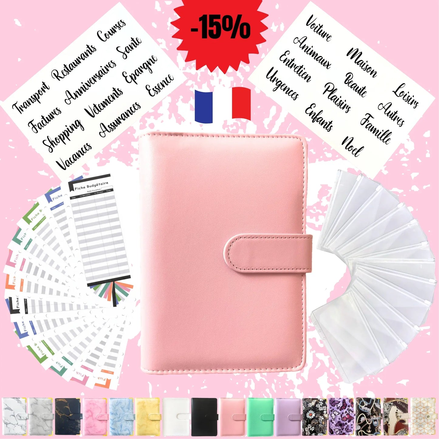 Pack Standard classeur budget a6 uni rose en Francais avec enveloppes budget