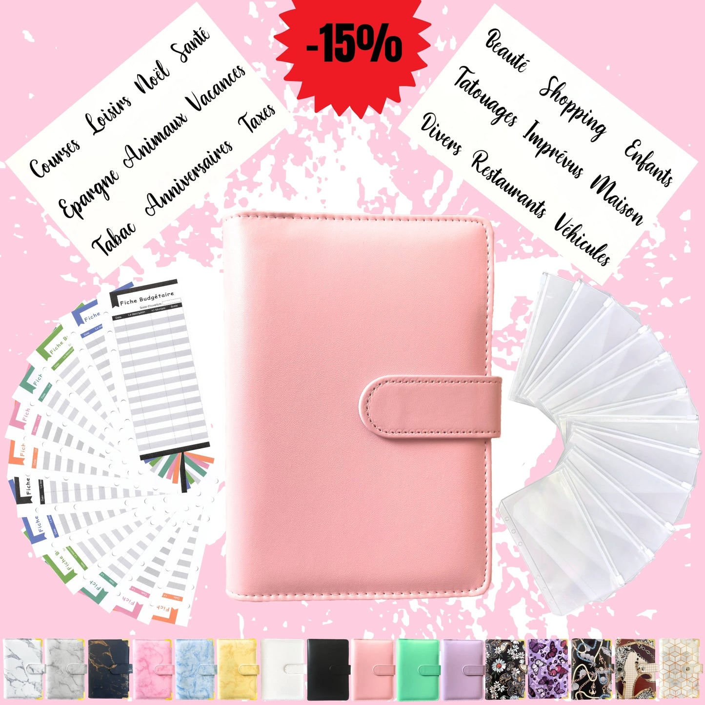 Pack Standard classeur budget a6 uni rose en Francais avec enveloppes budget