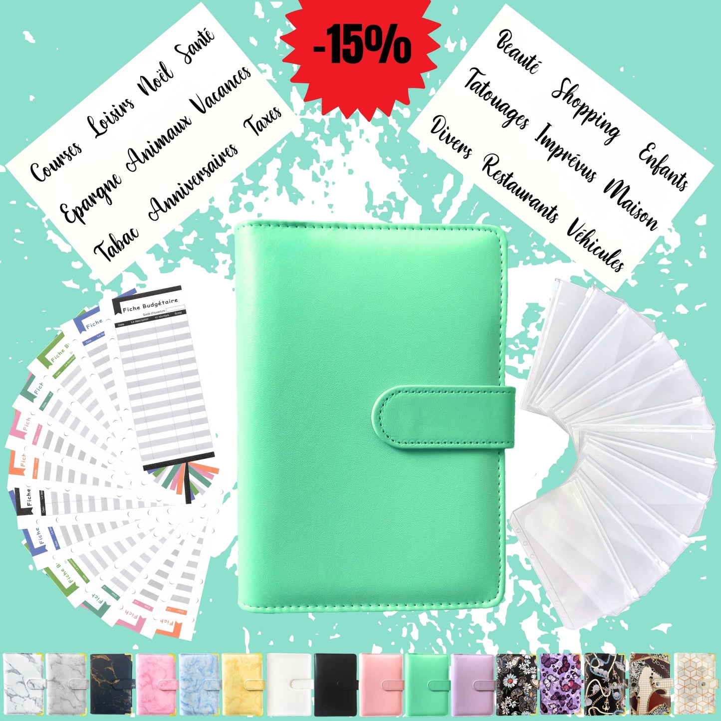Pack Standard classeur budget a6 uni turquoise en Francais avec enveloppes budget