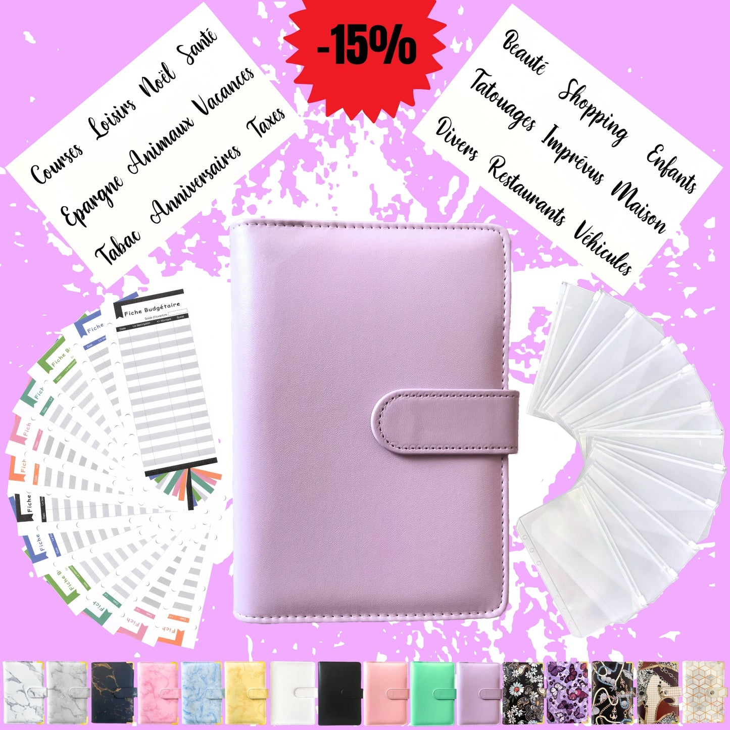 Pack Standard classeur budget a6 uni violet en Francais avec enveloppes budget