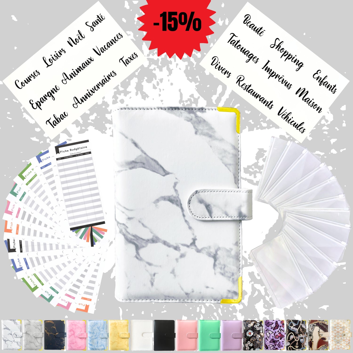 Pack Standard classeur budget a6 marbre blanc en Français avec enveloppes budget