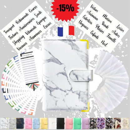 Pack Standard classeur budget a6 marbre blanc en Français avec enveloppes budget
