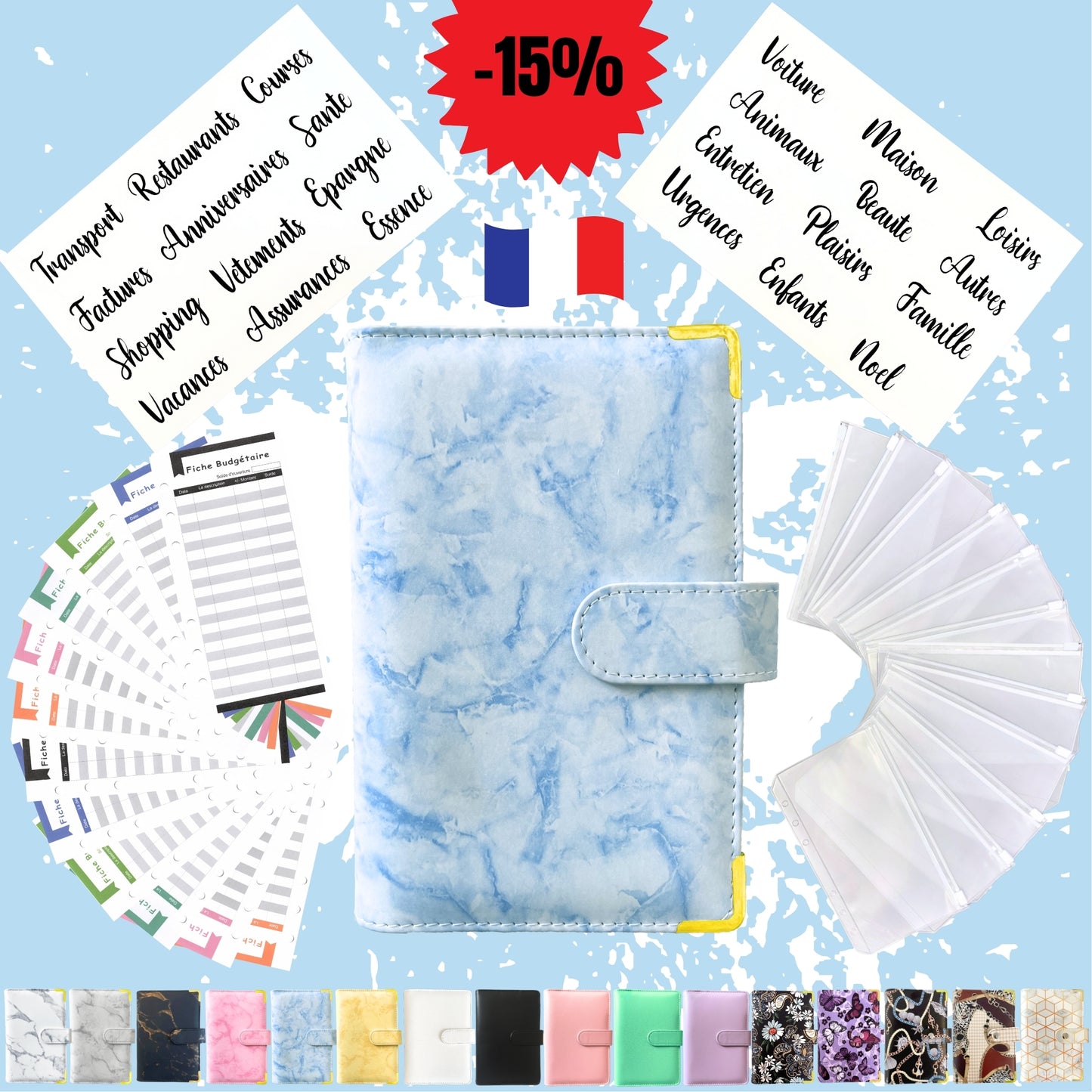 Pack Standard classeur budget a6 marbre bleu en Français avec enveloppes budget