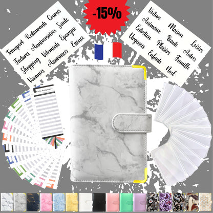 Pack Standard classeur budget a6 marbre gris en Français avec enveloppes budget