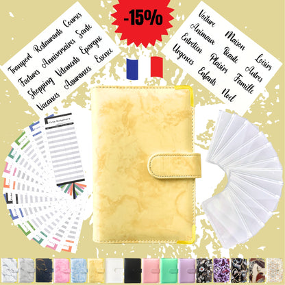 Pack Standard classeur budget a6 marbre jaune en Français avec enveloppes budget