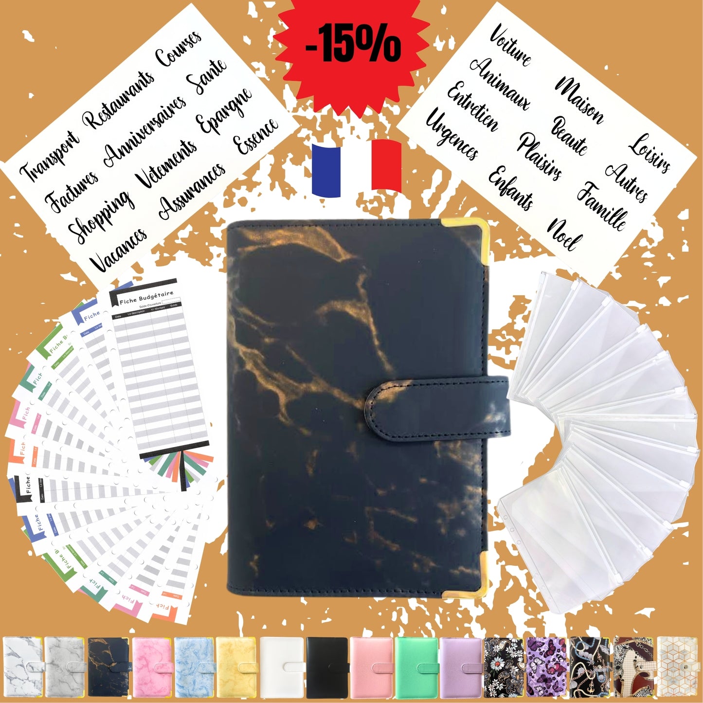 Pack Standard classeur budget a6 marbre noir en Francais avec enveloppes budget