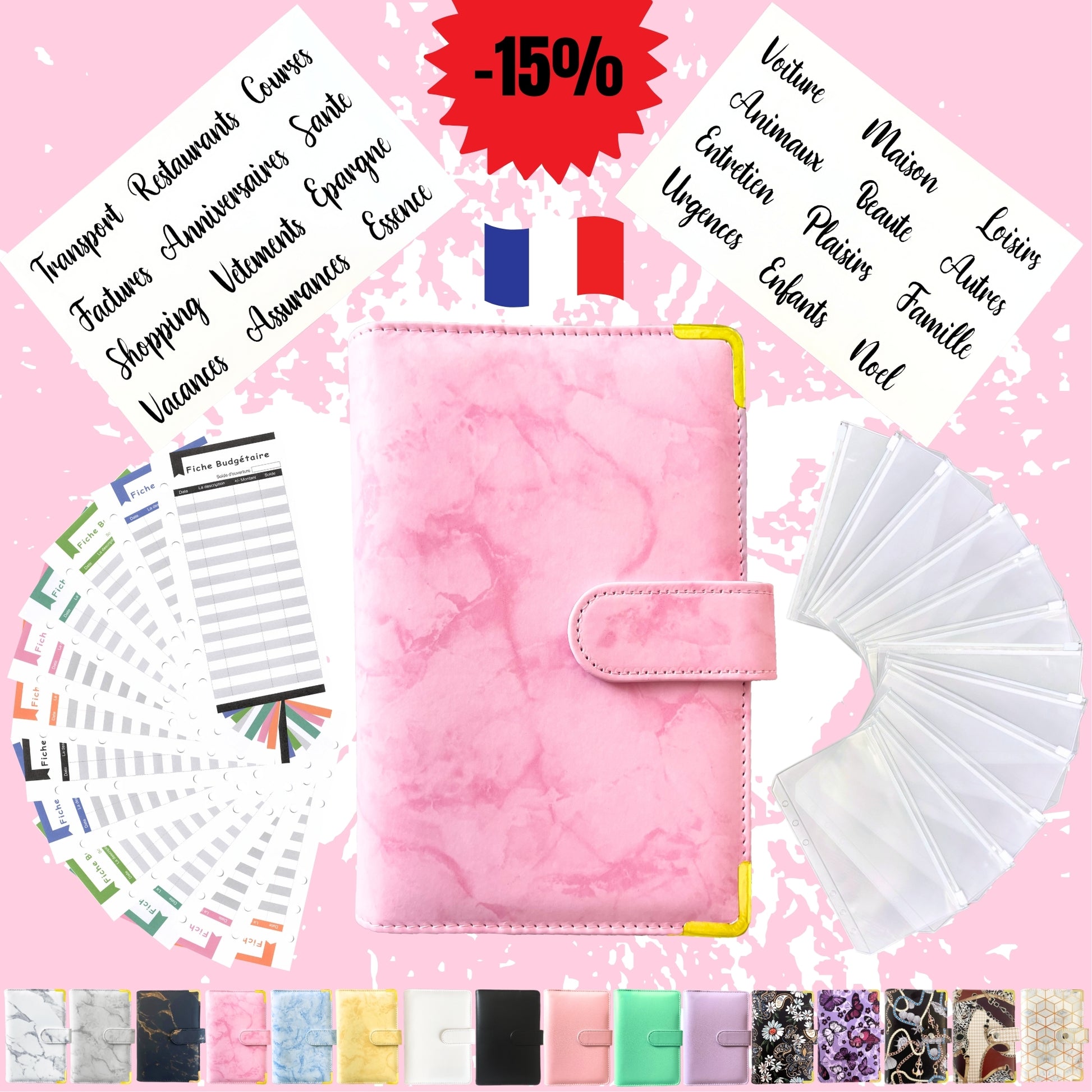 Pack Standard classeur budget a6 marbre rose en Francais avec enveloppes budget
