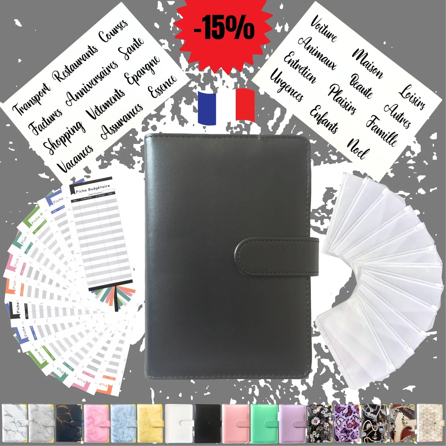 Pack Standard classeur budget a6 uni noir en Francais avec enveloppes budget