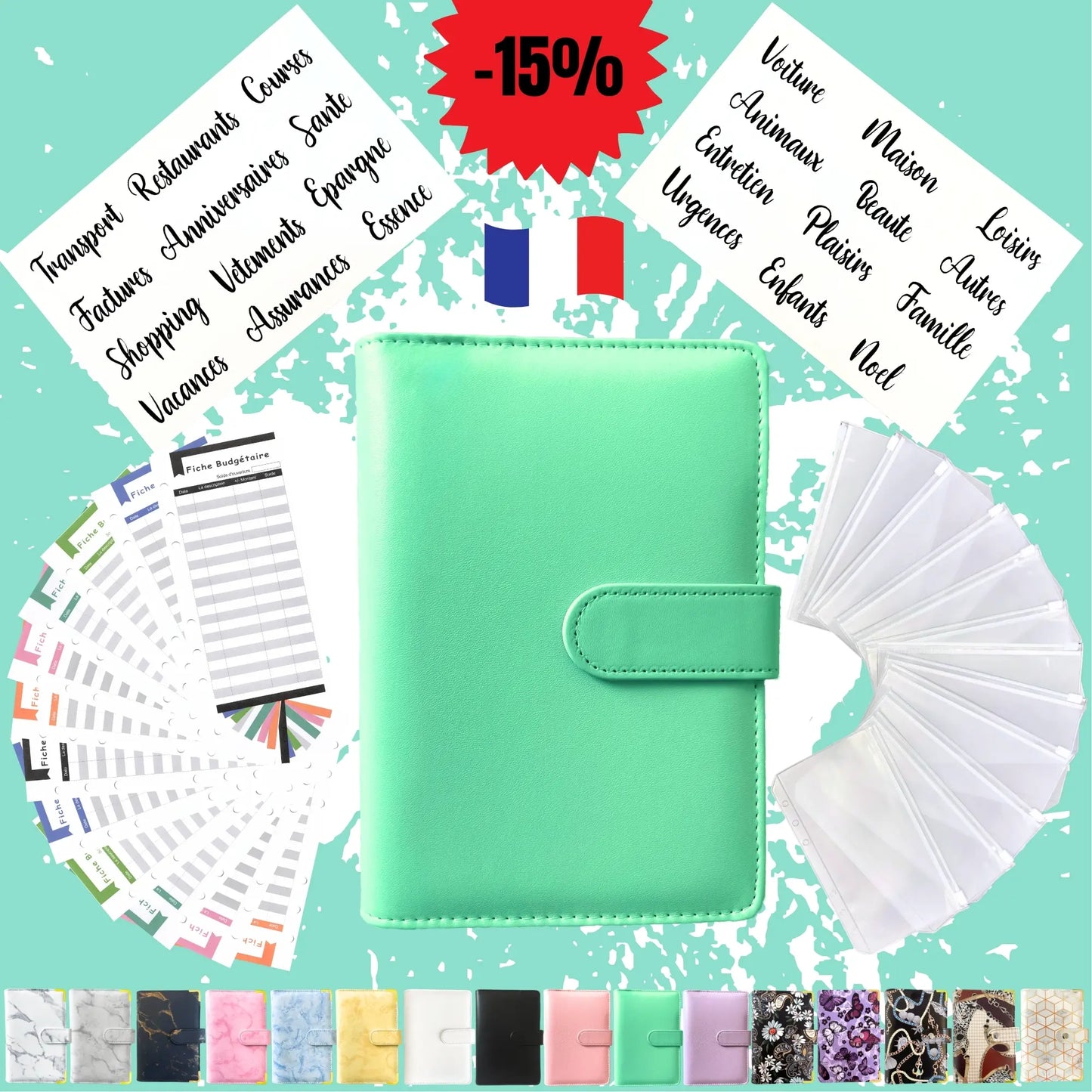 Pack Standard classeur budget a6 uni turquoise en Francais avec enveloppes budget