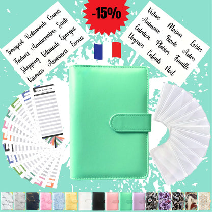 Pack Standard classeur budget a6 uni turquoise en Francais avec enveloppes budget