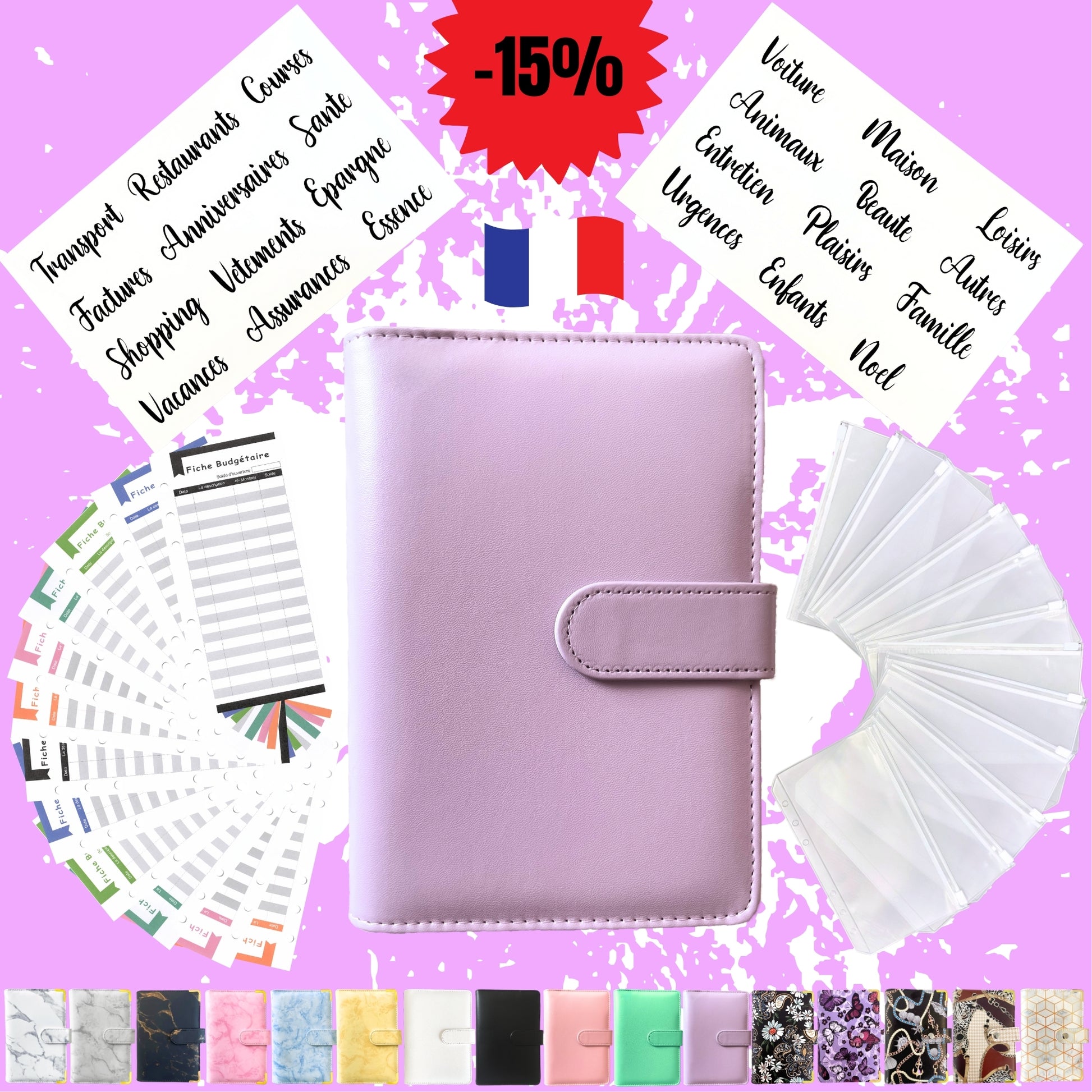 Pack Standard classeur budget a6 uni violet en Francais avec enveloppes budget